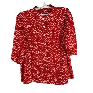 Red Button-Up Womens Floral Blouse 3/4 Sleeve 3XL Relaxed Fit Lightweight